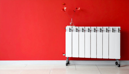 Heating radiator in room with red wall, close up. Interior designの素材
