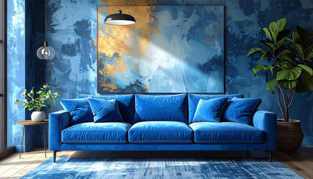 interior with blue sofa. 3d render illustration mock-upの素材