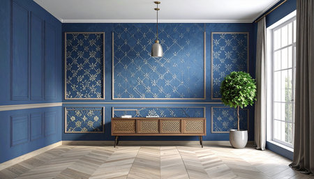 interior with blue wall, 3d illustration with vignetteの素材