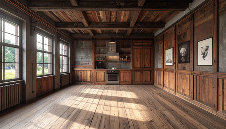 Interior of a rustic wooden house. 3D rendering.の素材