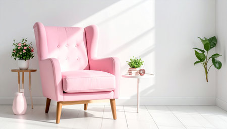 Pink armchair in a white room. 3d rendering, 3d illustration.の素材