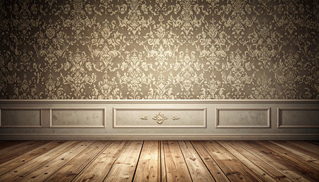 Vintage interior with wallpaper and wooden floor. 3D illustration.の素材