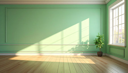 Empty room with green wall and wooden floor. 3D rendering.の素材