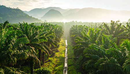 Palm oil plantation in the morning, Bali island, Indonesiaの素材