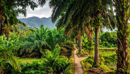 Tropical landscape with palm trees and dirt road, Thailand.の素材