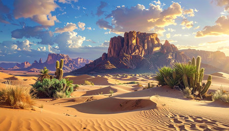 Desert landscape with sand dunes and cactuses in Monument Valley, USAの素材