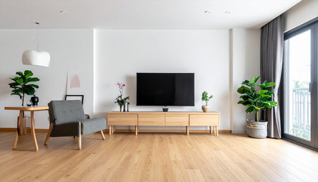 Modern living room with tv on the wall and wooden floor. Nobody insideの素材