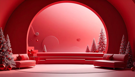 3d render of christmas scene with red podium and christmas treeの素材