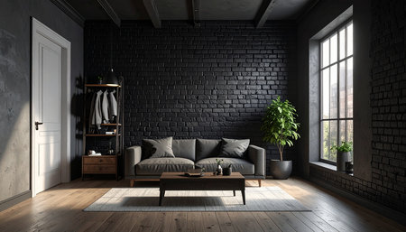 Interior of modern living room with black brick wall and wooden floorの素材