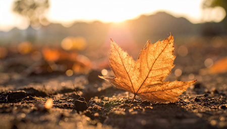 Autumn leaves on the ground in the sunset light. Nature backgroundの素材