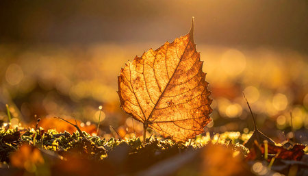 Autumn leaf on the ground with sun rays and bokehの素材