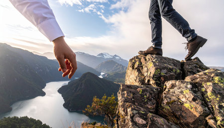 Man standing on top of a mountain and looking at the lake.の素材