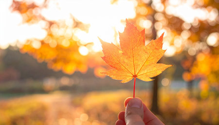 Autumn maple leaf in hand on blurred background. Fall season conceptの素材