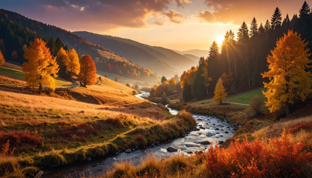 Colorful autumn landscape in the mountains. Sunrise over the mountain riverの素材