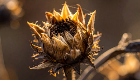 Close-up of a dry bud of a sunflower on a blurred backgroundの素材