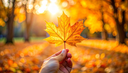 Autumn maple leaf in the hands of a man in the parkの素材