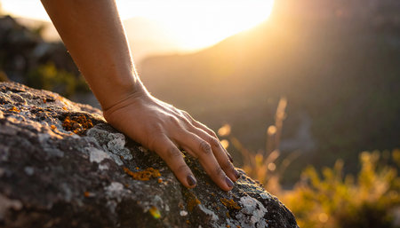 Woman hand on the rock at sunset in the mountains. Close upの素材