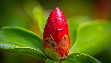 Close up of red flower bud on a green leaf with blurred backgroundの素材
