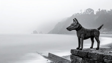 Dog statue on the beach in a foggy day. Black and white image.の素材