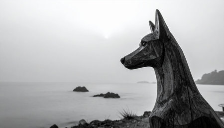 Wooden sculpture of a dog on the seashore in the fogの素材