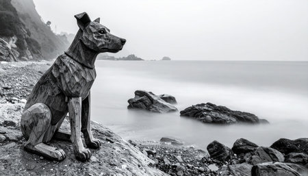 Sculpture of a dog on the beach. Black and white photo.の素材