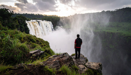 Man standing in front of the Iguazu Falls in Argentinaの素材