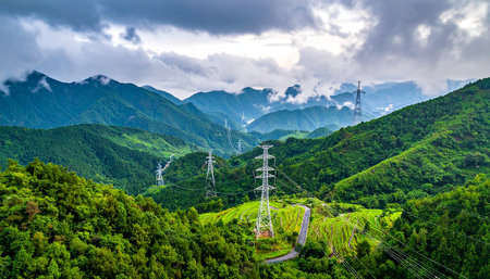 High-voltage power lines in the highlands of China.の素材