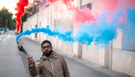 Portrait of a man with a beard and mustache holding a fire torch in the streetの素材