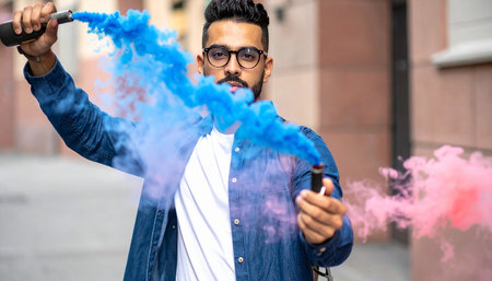 Young indian man with beard vaping an electronic cigarette in the cityの素材