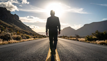 Rear view of a man walking on an empty road in the desertの素材