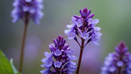 Purple flowers in the forest. Shallow depth of field.の素材