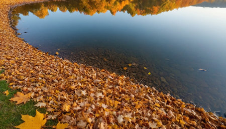 Autumn landscape with yellow maple leaves on the shore of a lakeの素材