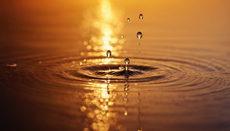 Water drop on the surface of the water at sunset. Close-upの素材