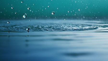 Water drops on the surface of the water. Blue water background.の素材