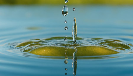 Water drops on green background. Splash effect after collision a falling drops with water Surfaceの素材