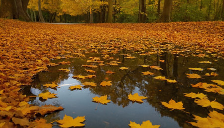 Autumn leaves reflected in puddle in the park, autumn landscapeの素材