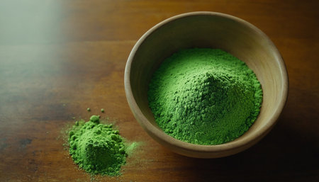 Matcha green tea powder in a bowl on wooden table, close upの素材