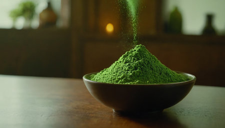 Matcha green tea powder in a bowl on a wooden table.の素材