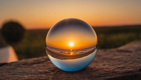 Reflection of a sunset in a crystal ball on a wooden surfaceの素材