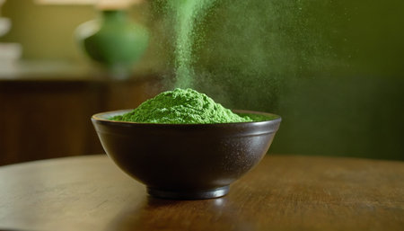 Matcha green tea powder in a clay bowl on a wooden tableの素材