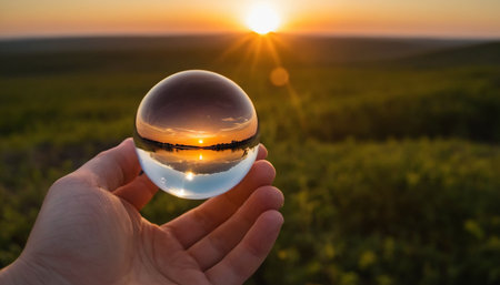 Crystal ball in the hands of a man against the background of the sunset.の素材