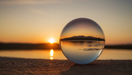 crystal ball with beautiful sunset on the beach, reflection in waterの素材