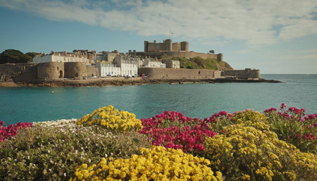 Castle of Saint Malo in Brittany, France, with flowersの素材