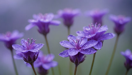 Purple flowers with raindrops on petals in the spring.の素材