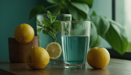 Glass of fresh lemonade with mint and lemons on wooden tableの素材