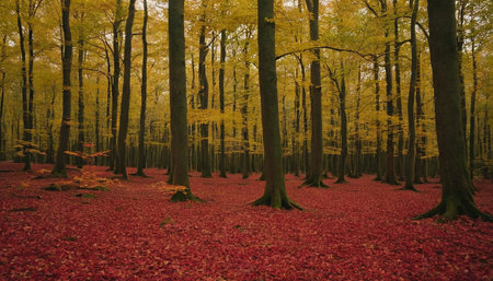 Autumnal forest with fallen leaves on the ground in the morningの素材