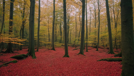 Autumnal forest in the morning with red leaves on the groundの素材