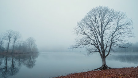 Foggy morning at the lake with a tree in the foregroundの素材