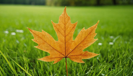 Autumn maple leaf on green grass background, shallow depth of fieldの素材