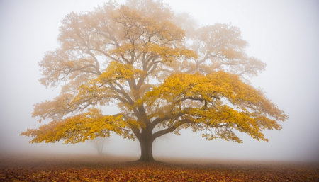 Autumn landscape with a big tree on a foggy day.の素材